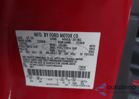 2010 Ford Escape Xlt z USA, uszkodzony, nr VIN 1FMCU0D71AKD45418